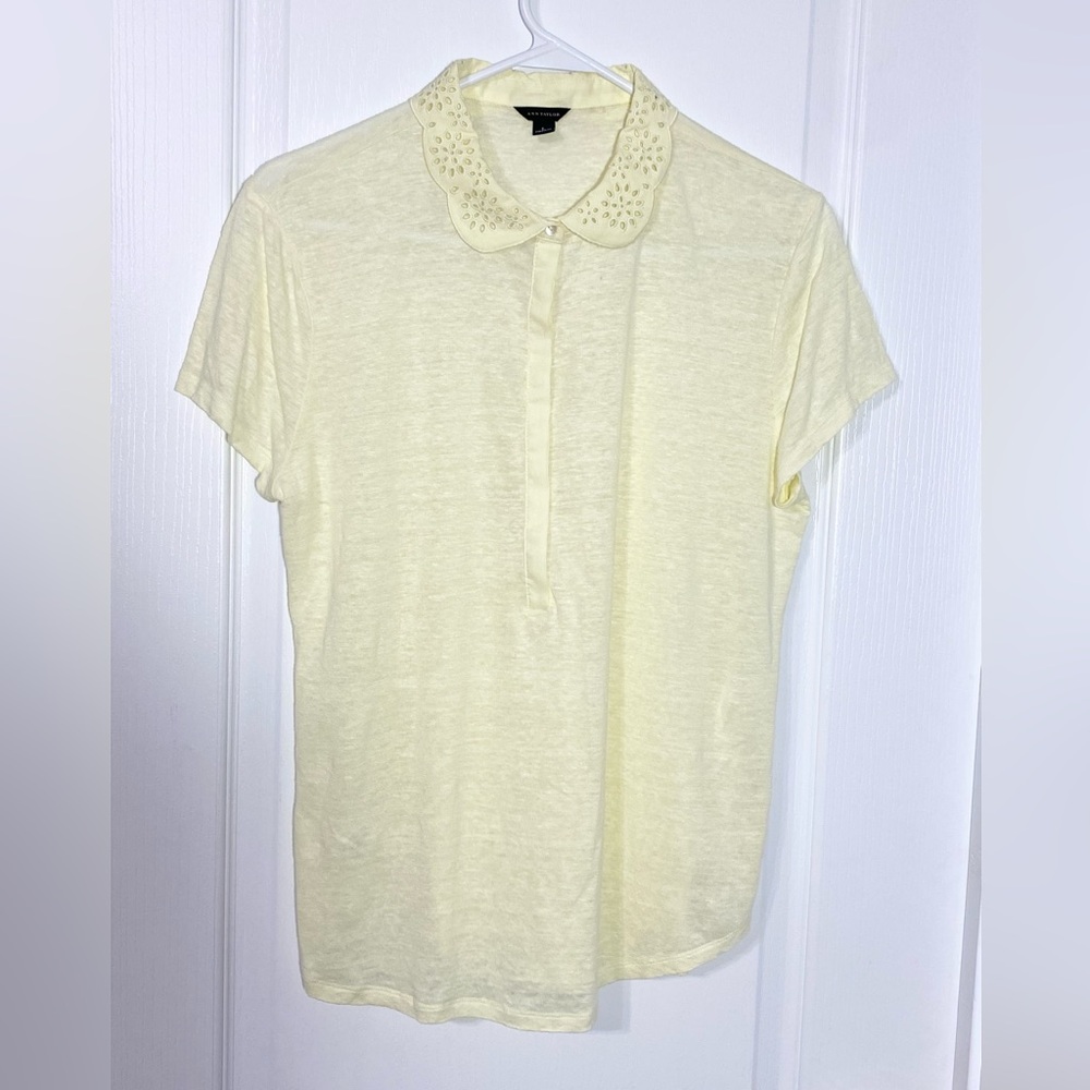Ann Taylor LINEN Eyelet Peter Pan Collar Short Sleeve Blouse Pale Yellow Large
